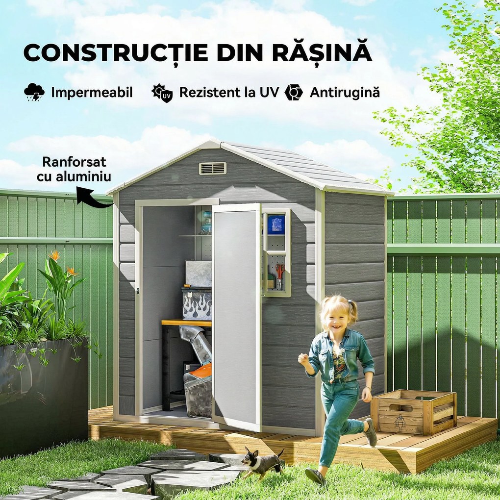 Outsunny Magazie de Grădină, Magazie din Plastic cu Podea, Fereastră, Ușă cu Blocare și Grile de Ventilație, Gri | Aosom Romania