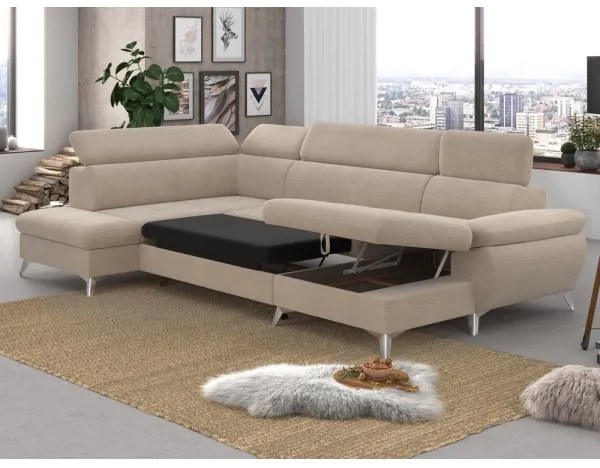 Canapea extensibilă colțar U CATANIA stânga, spațiu depozitare, bej