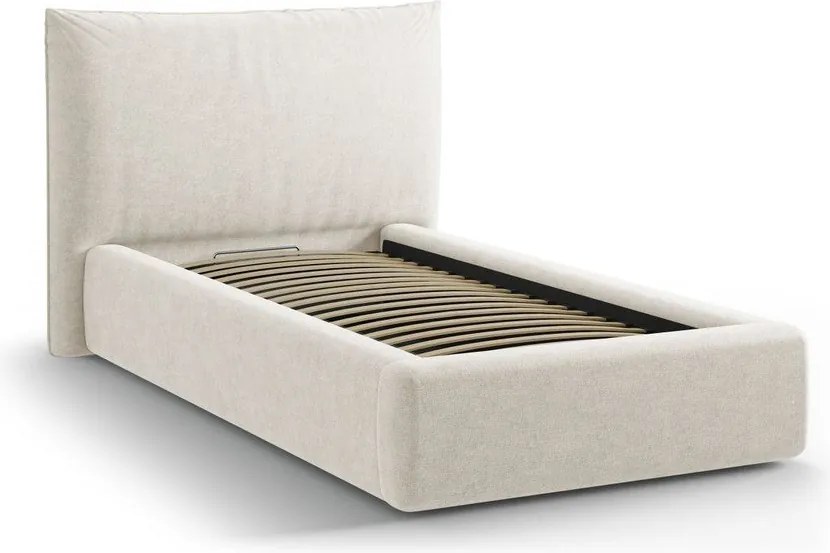Pat crem tapițat cu spațiu de depozitare cu somieră 90x200 cm Kaelle – Micadoni