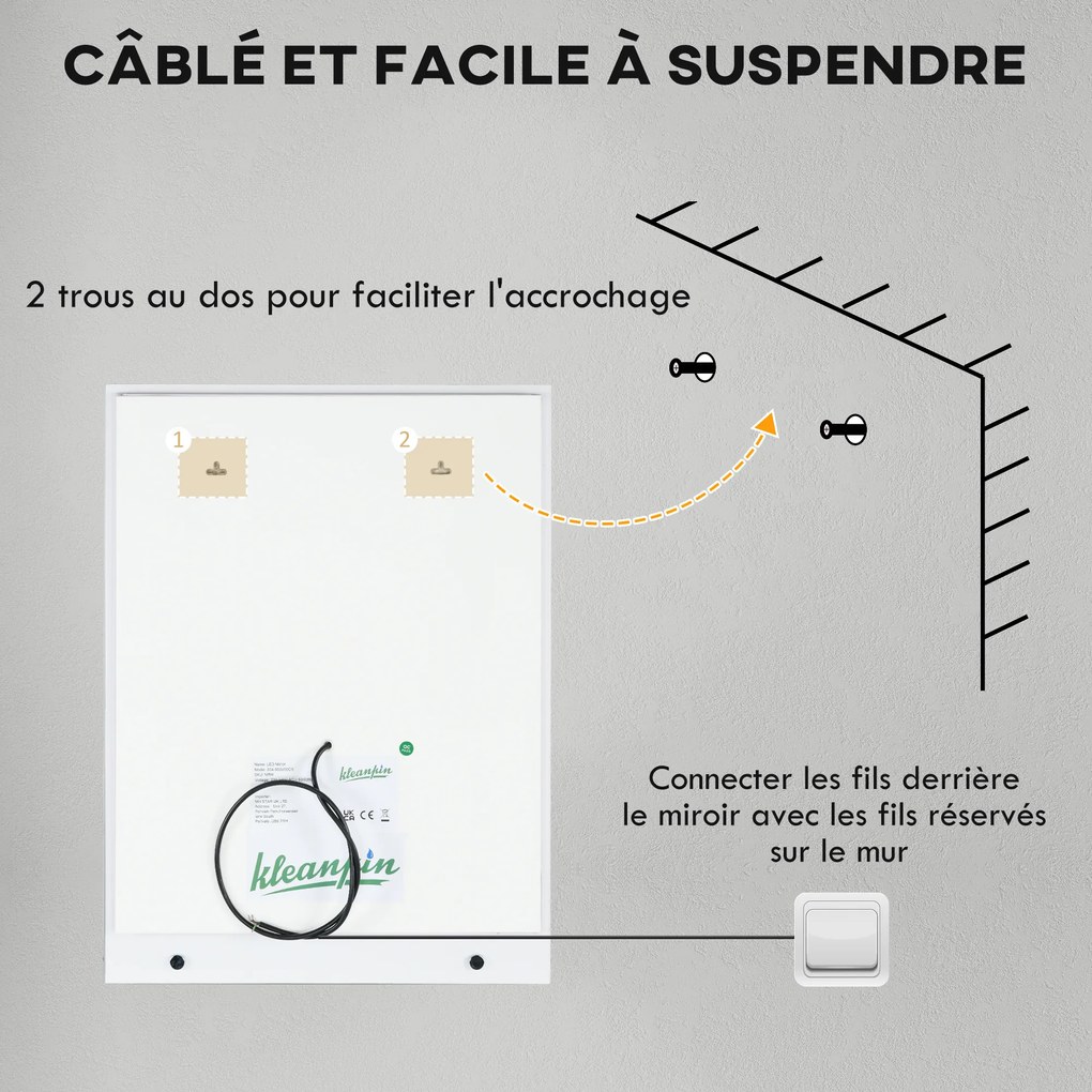 kleankin Oglindă LED dreptunghiulară pentru perete, baie 70 x 50 cm | Aosom Romania
