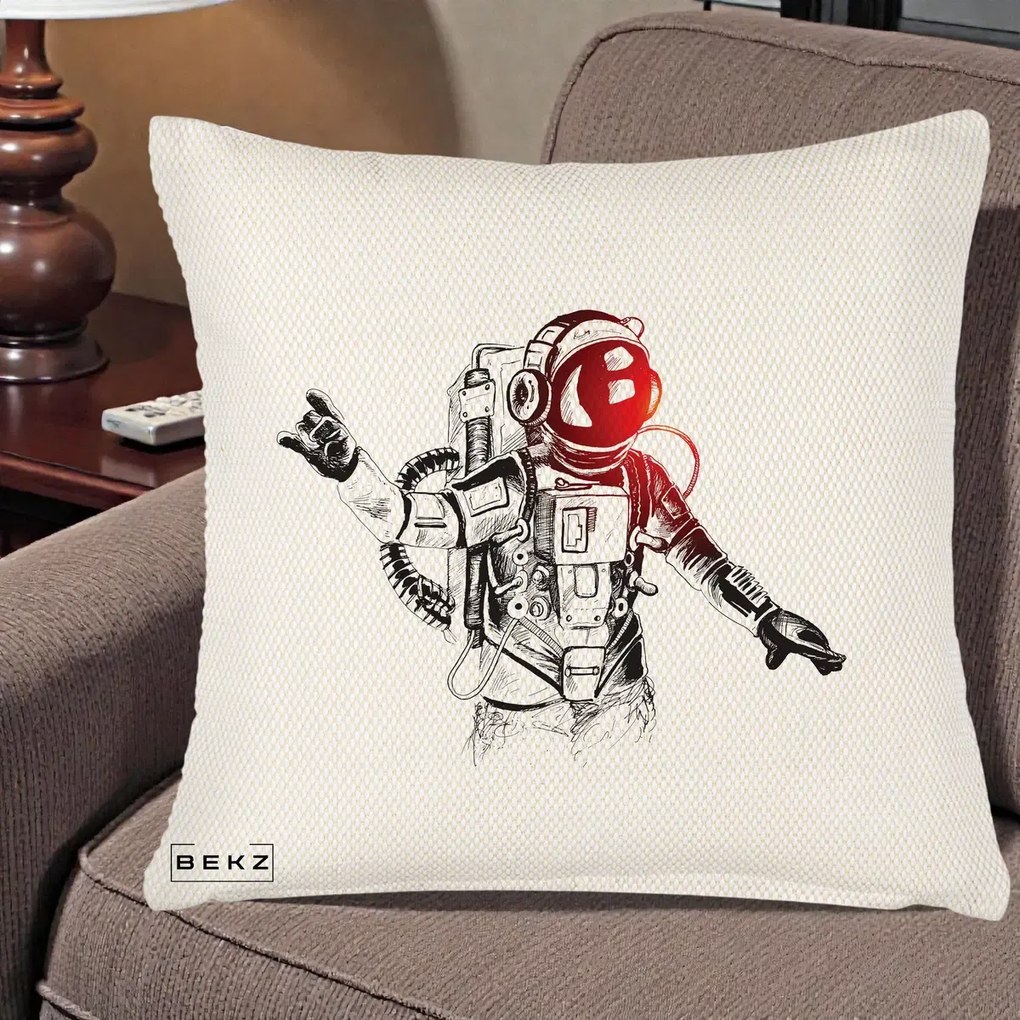 Perna Decorativa Astronaut Rock Sketching, 40x40 cm, Crem Reliefat, Husa Detasabila, Perna Inclusa, BEKZ®