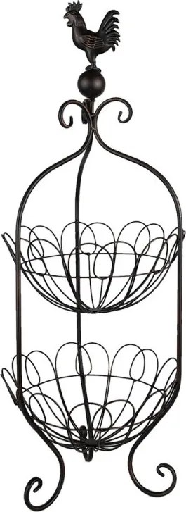 Suport decorativ cu două coșuri, negru, din metal, cu decorațiune cocoș, Ø 26x72 cm