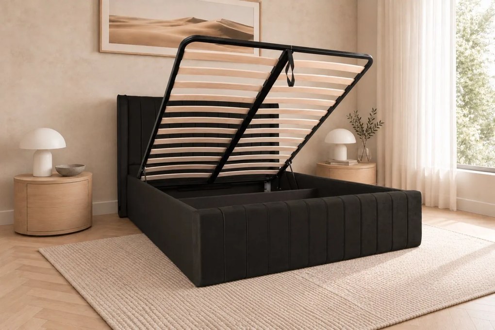 Pat tapițat din catifea Aurelia Simple 180×200 cm, negru, cu ladă de depozitare