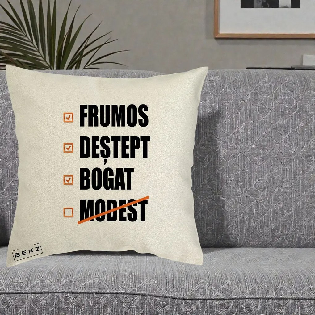 Perna Decorativa Frumos Destept Bogat, 40x40 cm, Ecru, Husa Detasabila, Perna Inclusa, BEKZ®