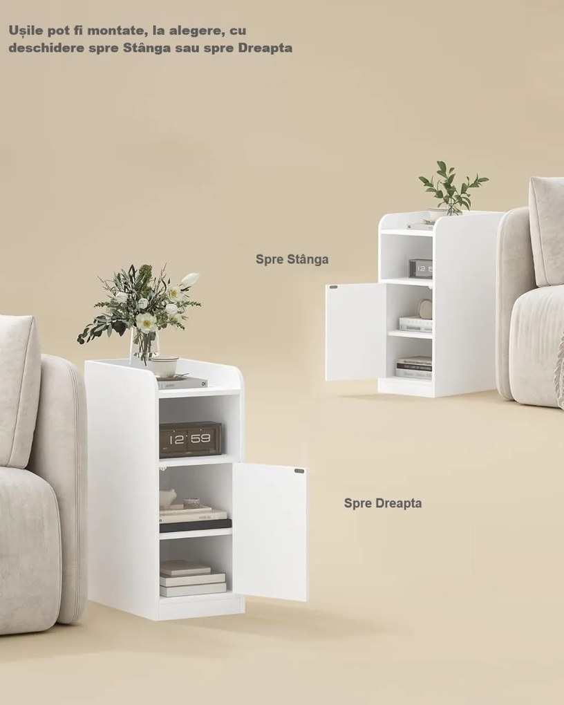 NOA78 - Set 2 Noptiere, 24 cm, foarte inguste, cu Raft si Dulapior - Alb