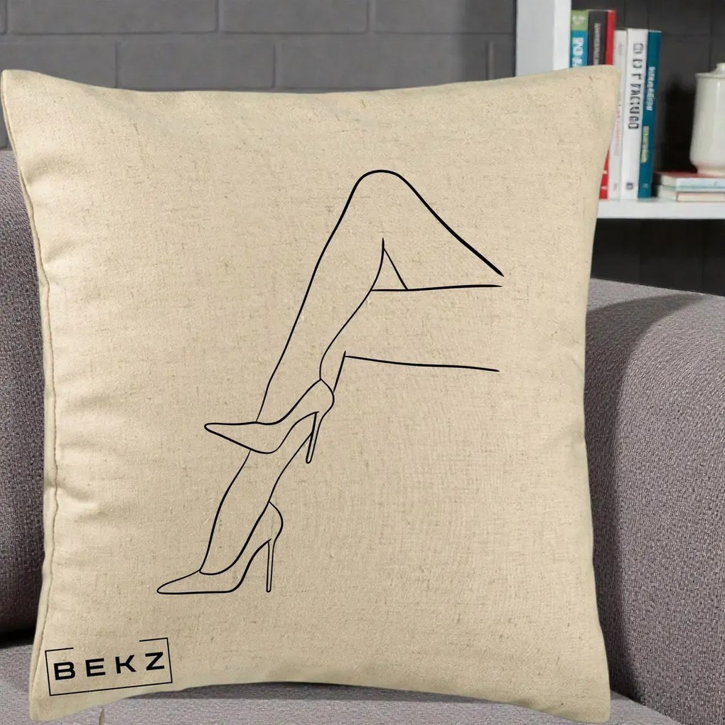 Perna Decorativa Picioare cu Tocuri Line Art, 40x40 cm, Bej, Husa Detasabila, Perna Inclusa, BEKZ®