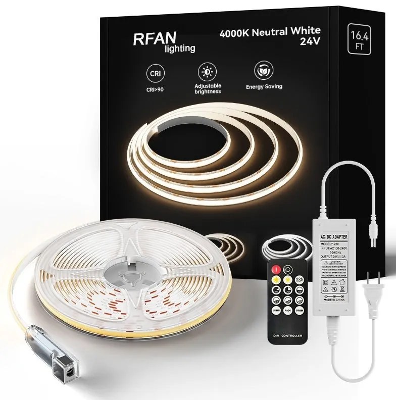 Kit Bandă LED COB – 5 m, Lumină Neutră 4000 K, 14 W/m, 24 V cu Telecomandă și Transformator 72 W