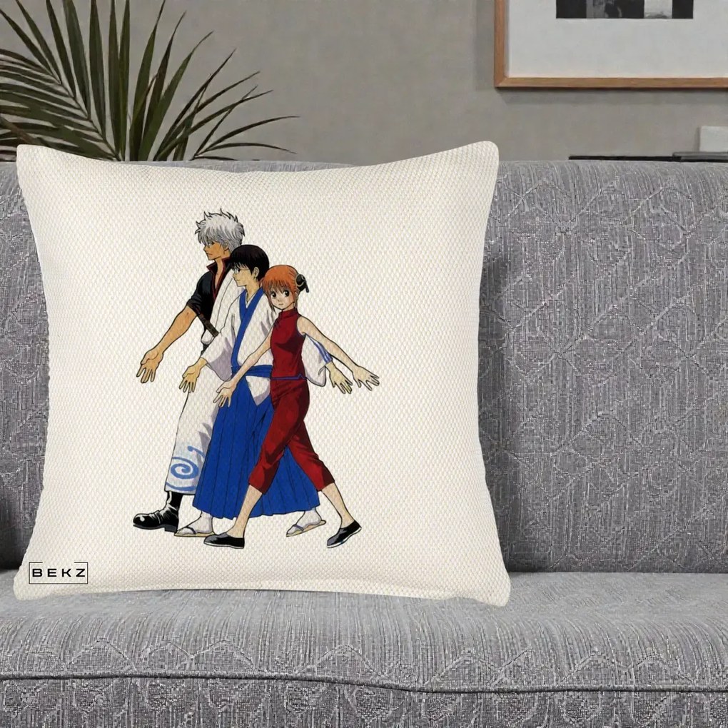 Perna Personalizata Gintama Trio Gintoki Shinpachi Kagura, 40x40 cm, Crem Reliefat, Husa Detasabila, Perna Inclusa, BEKZ®
