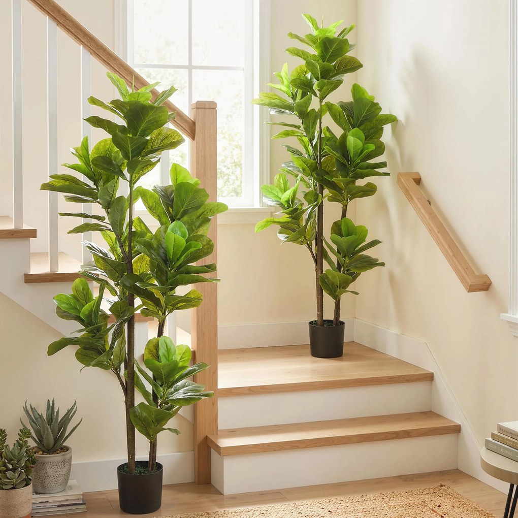 HOMCOM Set de 2 plante artificiale de interior 150 cm, plantă falsă ficus lyre cu ghiveci din ciment, verde | Aosom Romania