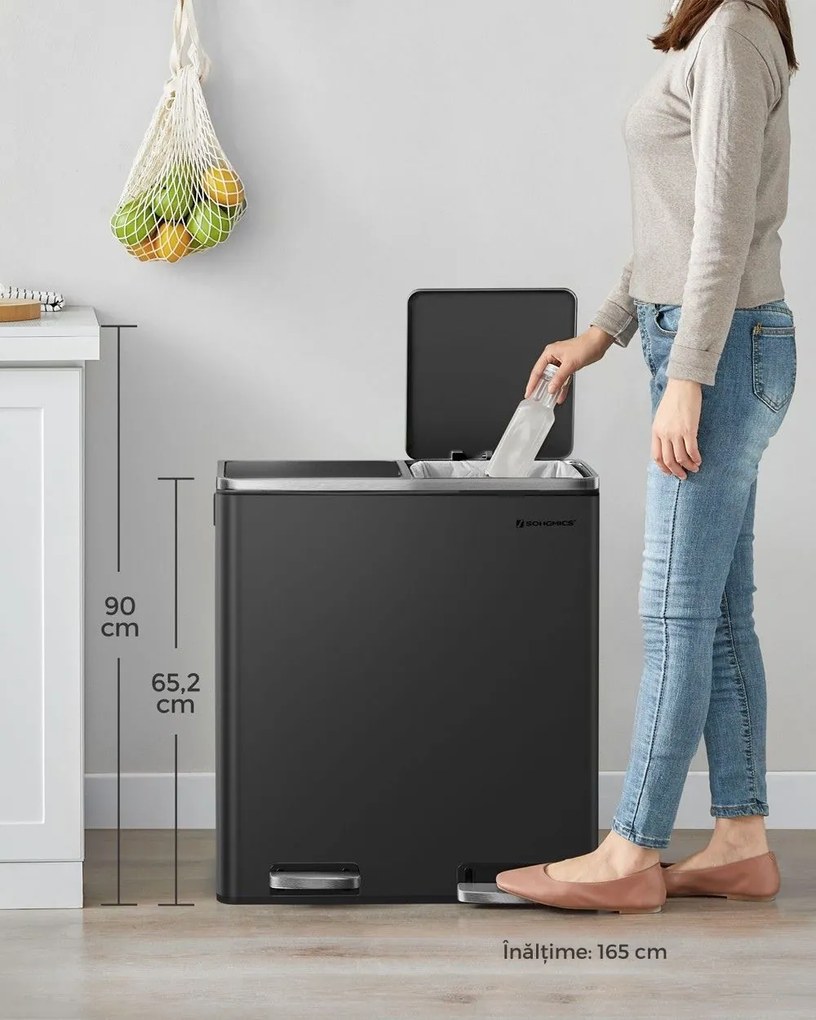 Coș pentru sortarea deșeurilor SORT, 2x30 l + saci de gunoi, negru/argintiu SongmicsHome
