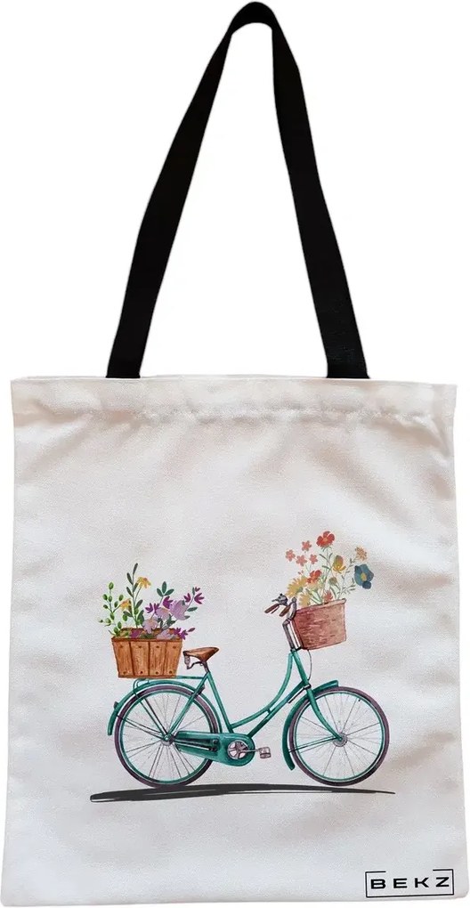 Sacosa de Panza pentru Cumparaturi, Geanta Tote, model Artistic Bicycle, Cu fermoar, 38x34.5 cm, Alba, BEKZ®