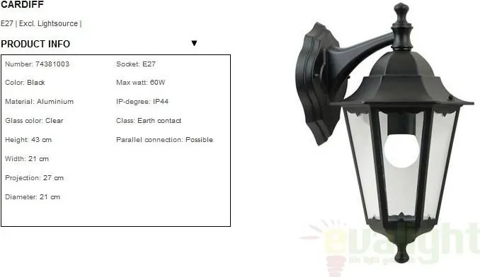 Aplica de perete exterior IP44 Cardiff Down 74381003NL