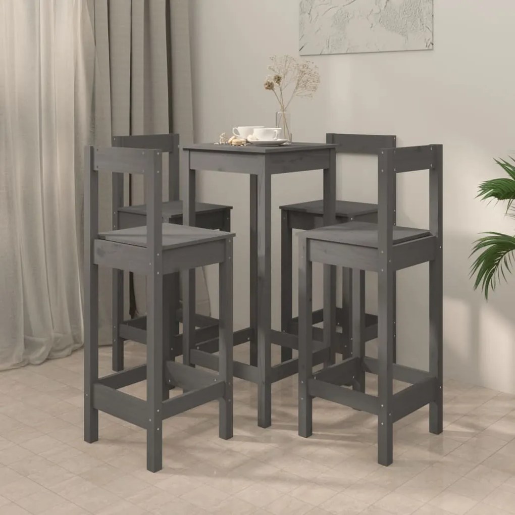 Set mobilier de bar, 5 piese, gri, lemn masiv de pin