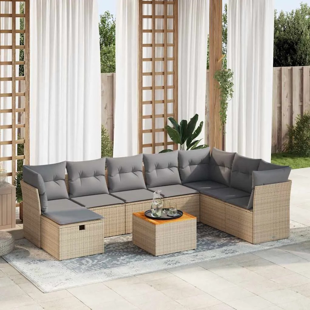vidaXL Set canapele de grădină, 9 piese, cu perne, bej, poliratan