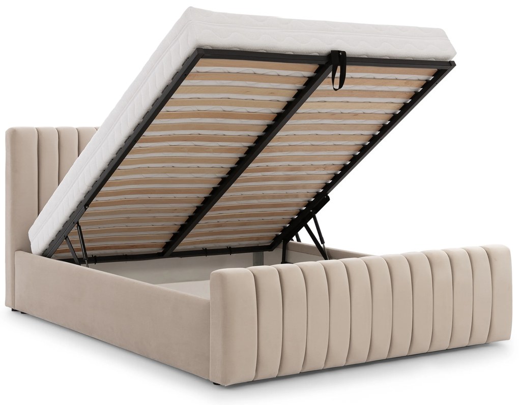 Pat matrimonial cu ladă de depozitare Nicole 160x200 - catifea bej Velluto 2