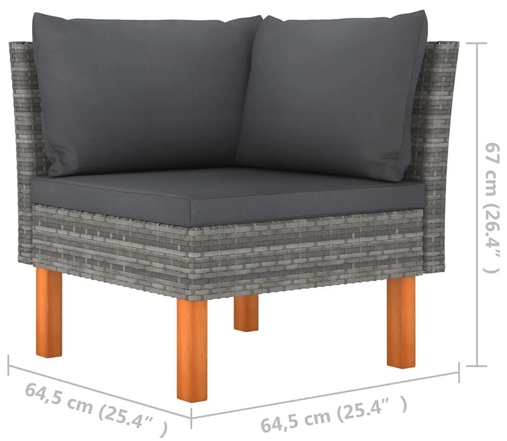 Set mobilier gradina, 3 piese, poliratan  lemn masiv eucalipt 1, Gri, Canapea de centru + canapea de colt + suport pentru picioare