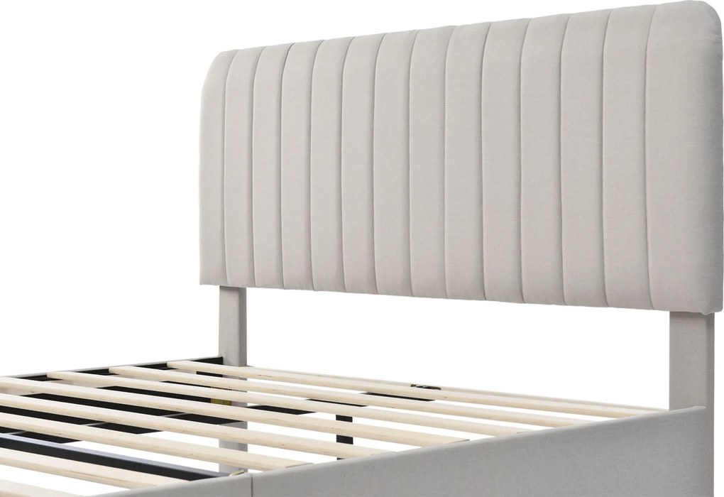 Pat dublu tapițat din țesătură de in 160x200 cm, cu tăblie reglabilă și somieră cu lamele, fără saltea, Gri+Bej