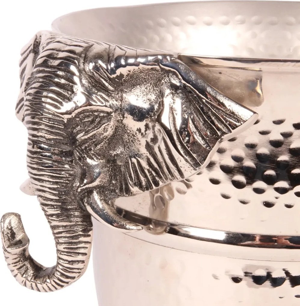 Frapieră pentru vin și șampanie din aluminiu reciclat, argintie, cu mânere în formă de cap de elefant, stil colonial, finisaj ciocănit, 22 x 30 x 24