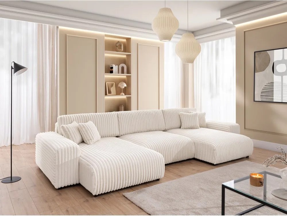 Colțar crem extensibil/cu spațiu de depozitare cu tapițerie din catifea reiată (în formă de "U") Sarina – Ropez
