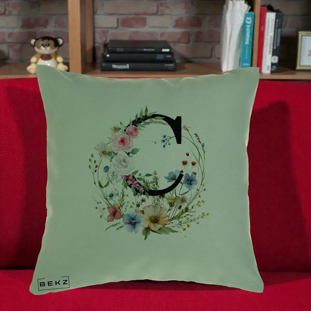 Cadou Personalizat - Perna Personalizata Monogram Litera C cu Flori Acuarela, 40x40 cm, Verde, Husa Detasabila, Perna Inclusa, BEKZ®