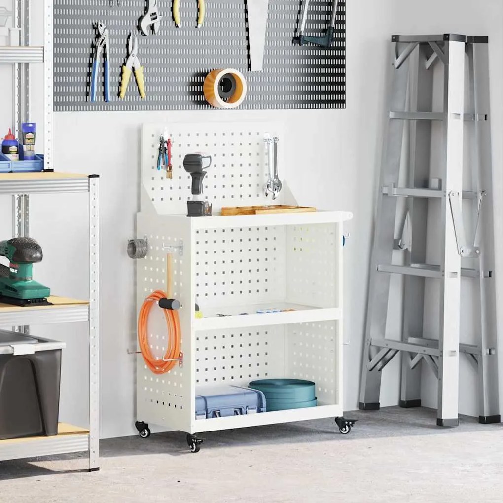 vidaXL Cărucior pentru unelte cu raft cu roata Alb 65 x 35 x 111 cm