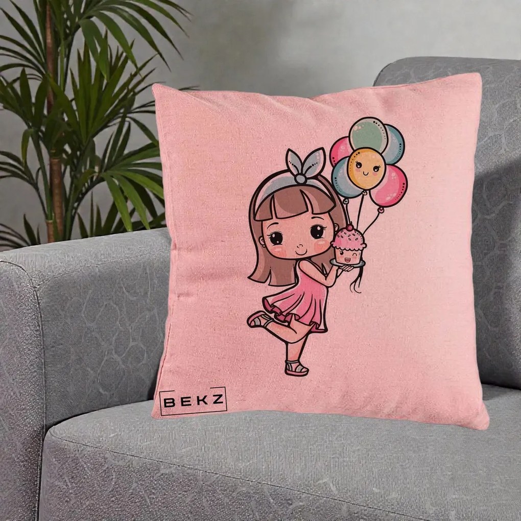 Perna Decorativa Fetita Kawaii cu Baloane si Cupcake, 40x40 cm, Roz, Husa Detasabila, Perna Inclusa, BEKZ®