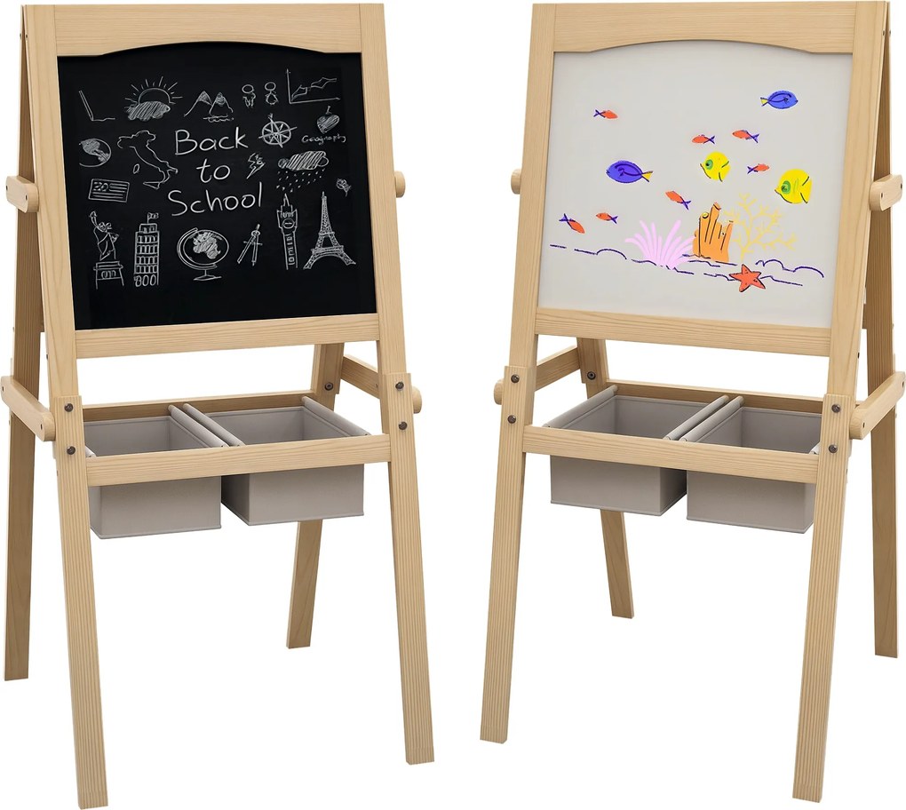 AIYAPLAY Sevalet Creativ 3 în 1 pentru Copii, cu Rola de Hârtie, Tablă pentru Creion și Cretă, Educațional, Lemn Natural, 3-6 Ani | Aosom Romania