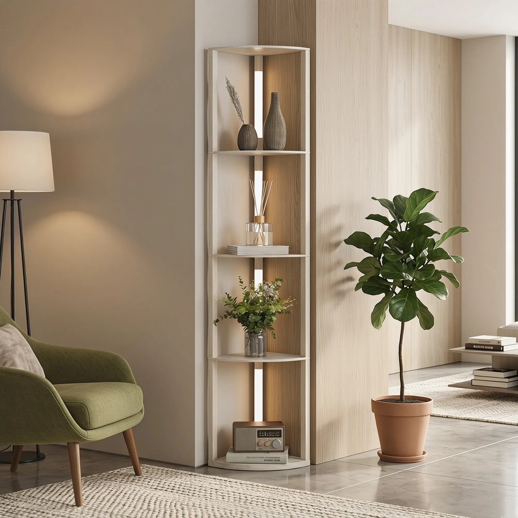 HOMCOM Lampadar Podea LED, 4 Rafturi, Lumină Reglabilă 3000K, MDF, 41x29,5x163,5 cm, Stejar | Aosom Romania