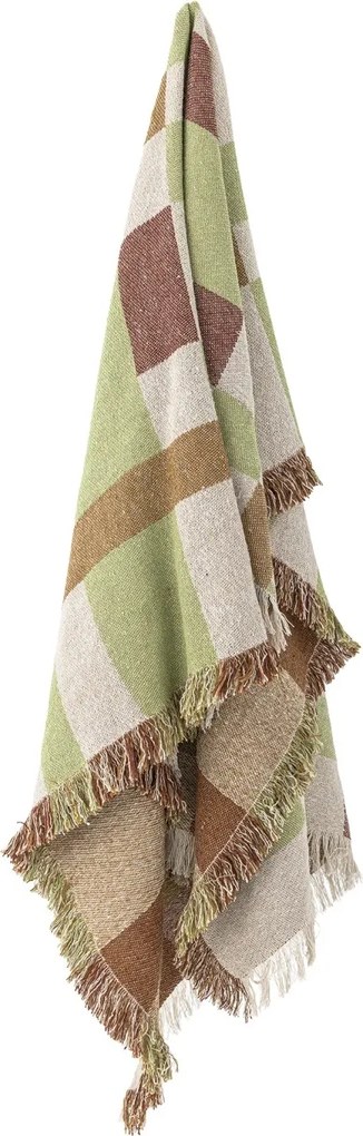 Pătură decorativă din bumbac reciclat, cu model în carouri natur, verde și maro, cu franjuri lungi, „Galvin", 160 x 130 cm