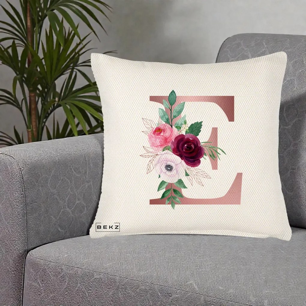 Cadou Personalizat - Perna Personalizata Monograma Rose Gold Litera E, 40x40 cm, Crem Reliefat, Husa Detasabila, Perna Inclusa, BEKZ®
