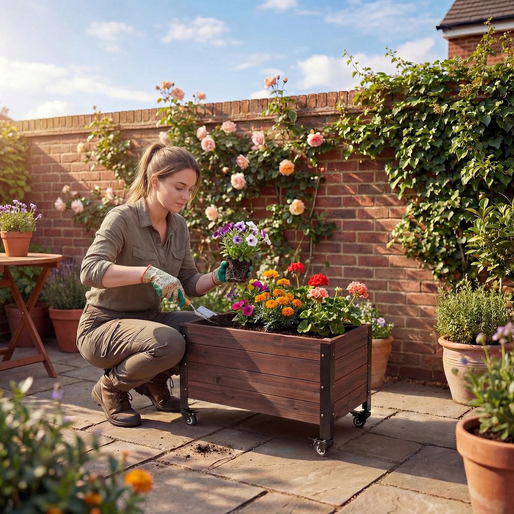 Outsunny Jardinieră înălțată din lemn cu roți, pat de grădină dreptunghiular, 60 x 30 x 41 cm, maro | Aosom Romania