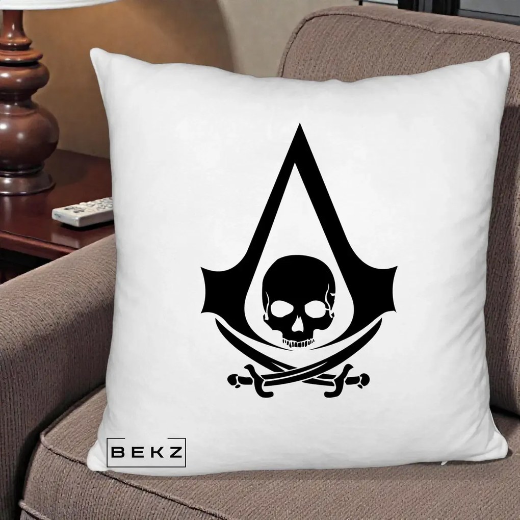 Perna Personalizata Assassin's Creed Black Flag Skull, 40x40 cm, Alb Pufos, Husa Detasabila, Perna Inclusa, BEKZ®