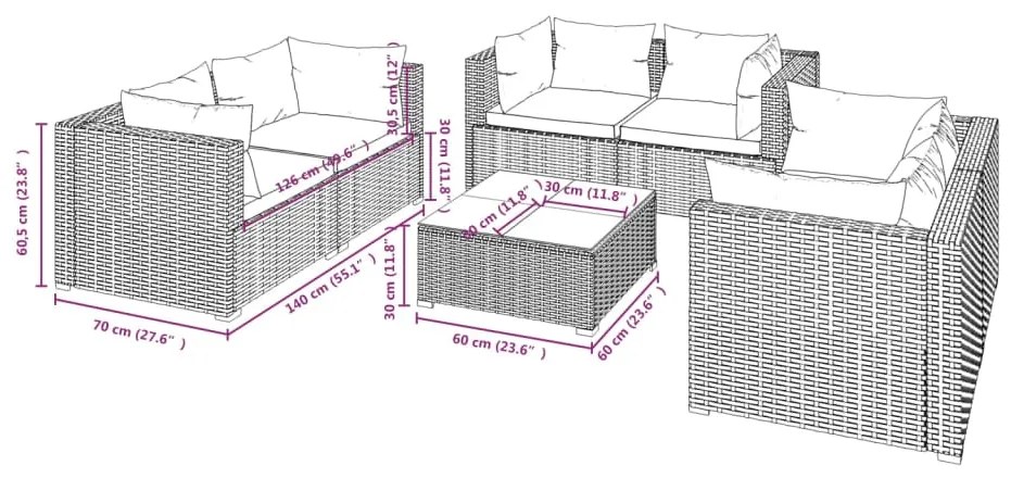 Set mobilier de gradina cu perne, 7 piese, negru, poliratan negru si crem, 6x colt + masa, 1