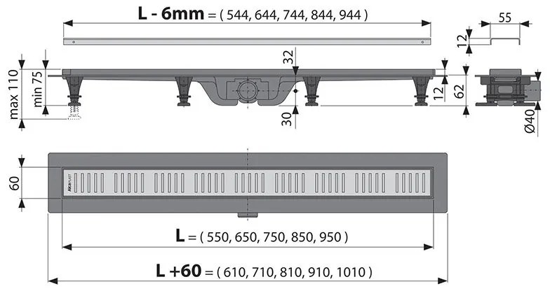 Set rigola de dus, AlcaPlast, Simple, cu capac, 85 cm