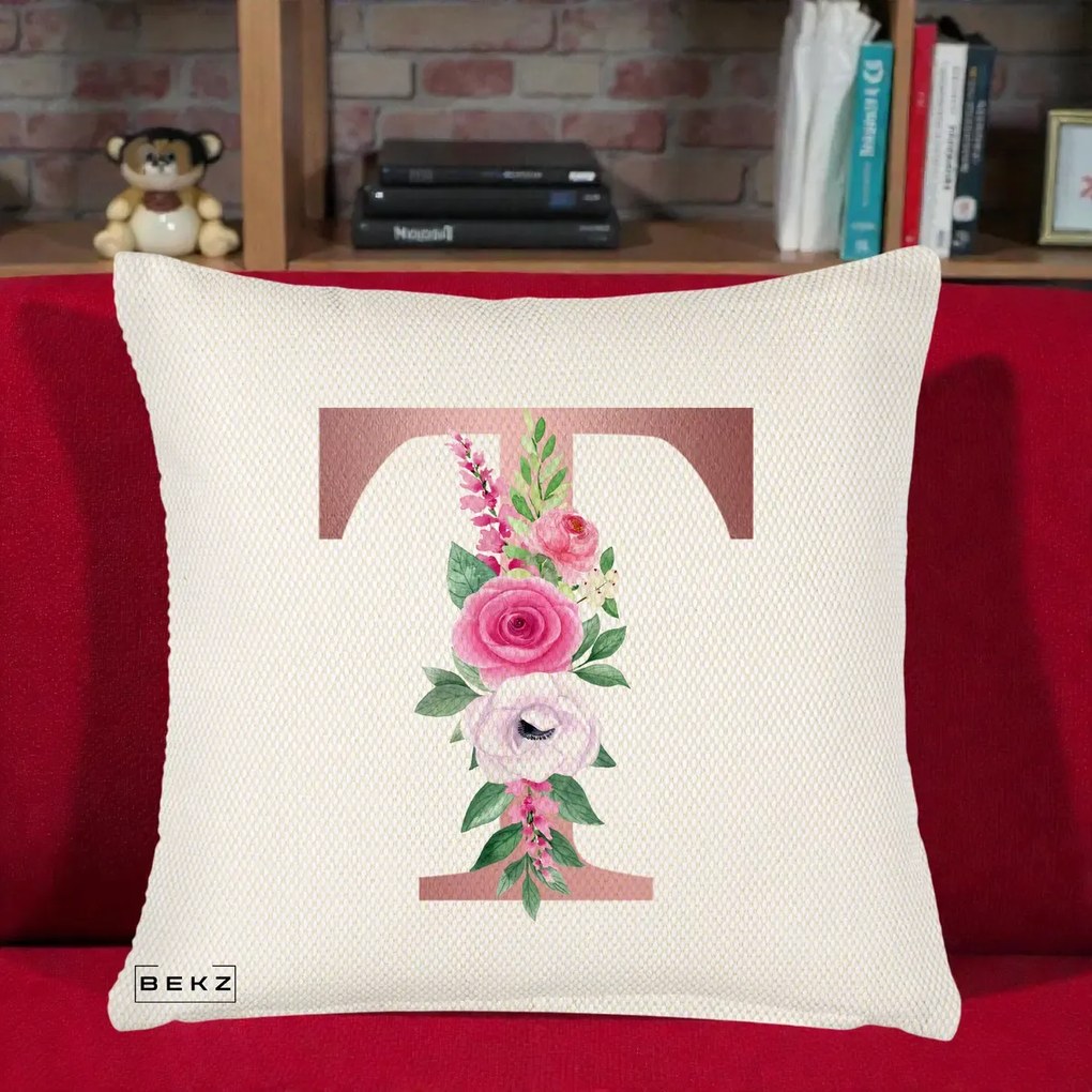 Cadou Personalizat - Perna Personalizata Monograma Rose Gold Litera T, 40x40 cm, Crem Reliefat, Husa Detasabila, Perna Inclusa, BEKZ®