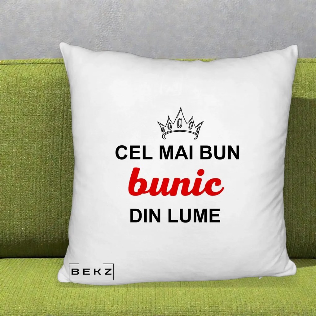Cadou pentru Bunic - Perna Personalizata Cel Mai Bun Bunic Din Lume Coroana Rosu, 40x40 cm, Alb Pufos, Husa Detasabila, Perna Inclusa, BEKZ®