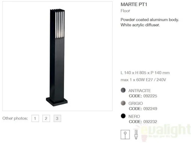 Stalp exterior H-80cm, finisaj negru, MARTE PT1 092232