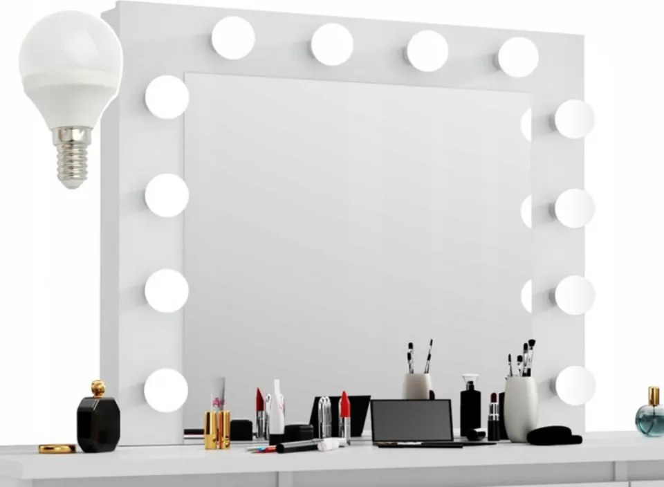 Masuta machiaj cu Oglinda LED si 3 Sertare pentru Cosmetice, Set Masa toaleta 120 cm, Alb, masuta cosmetica, vanity - SEA537