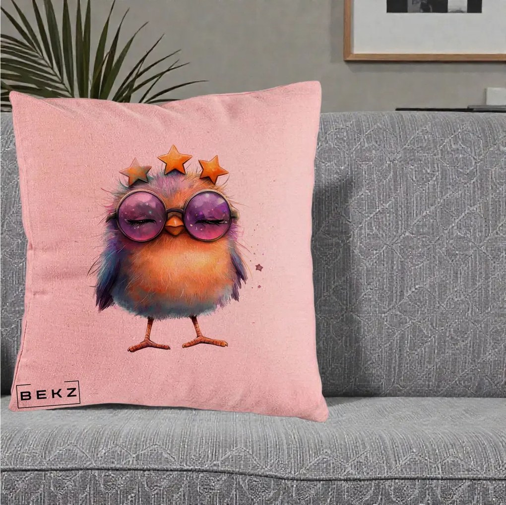 Perna Decorativa Pui Pop Star cu Ochelari Stele Violet, 40x40 cm, Roz, Husa Detasabila, Perna Inclusa, BEKZ®