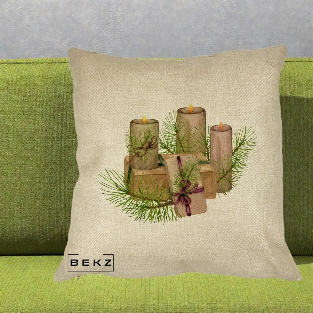 Perna Decorativa Lumanari cu Cadouri Naturale, 40x40 cm, Crem, Husa Detasabila, Perna Inclusa, BEKZ®