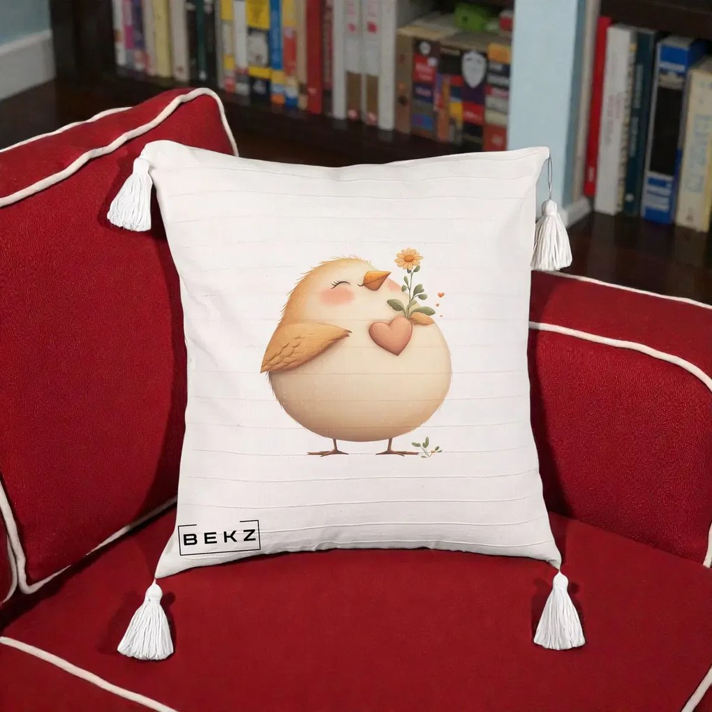 Perna Decorativa Pui cu Inima si Floarea-Soarelui, 40x40 cm, Bej cu Franjuri, Husa Detasabila, Perna Inclusa, BEKZ®