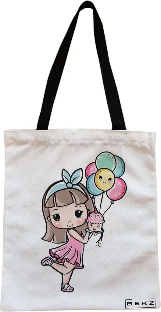 Sacosa de Panza pentru Cumparaturi, Geanta Tote, model Cupcake girl, Cu fermoar, 38x34.5 cm, Alba, BEKZ®