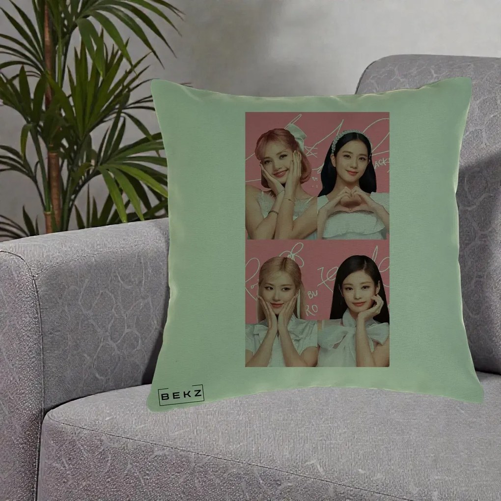Perna Personalizata K-pop BLACKPINK Colaj Roz, 40x40 cm, Verde, Husa Detasabila, Perna Inclusa, BEKZ®