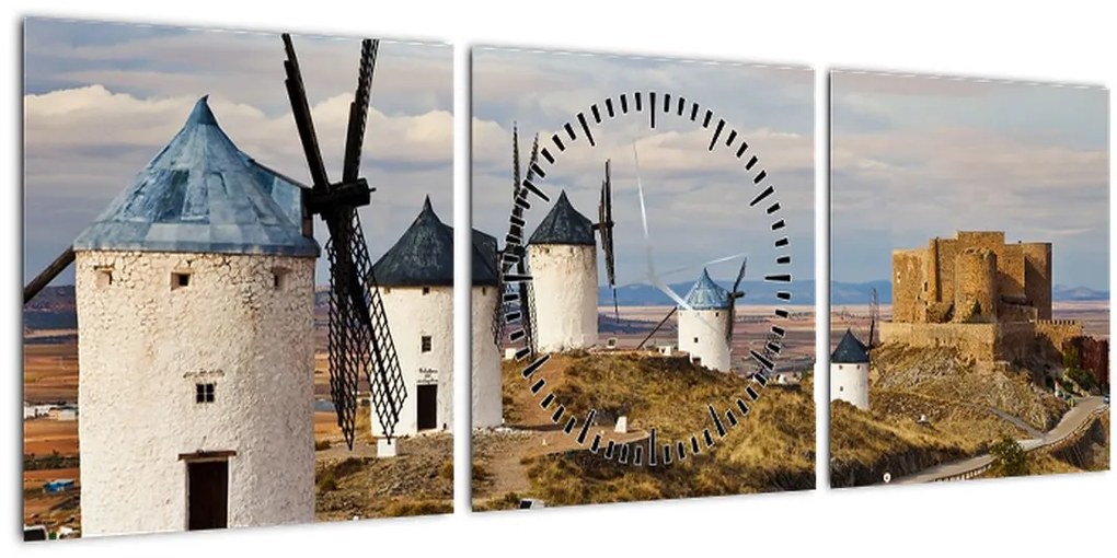 Tablou - Morile de vânt din Consuegra, Spania (cu ceas) (90x30 cm)
