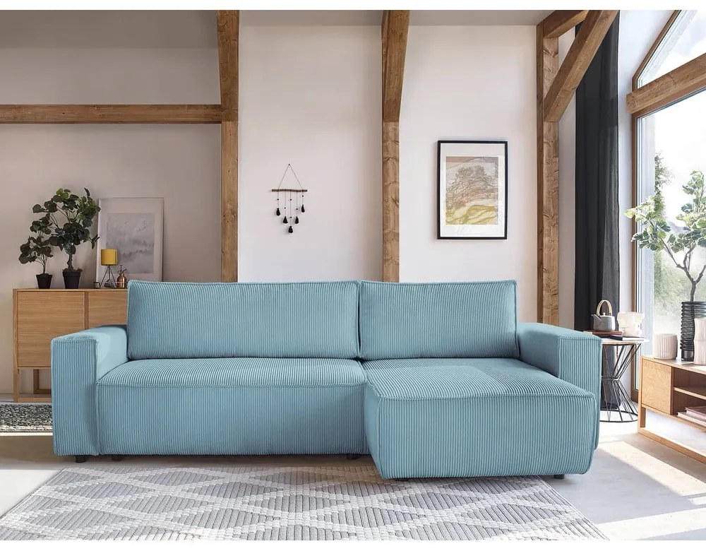 Colțar verde mentă extensibil/cu spațiu de depozitare cu tapițerie din catifea reiată Nihad – Bobochic Paris