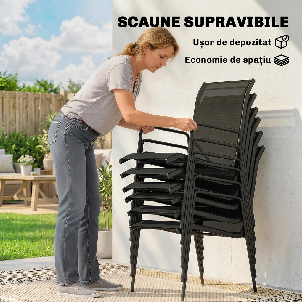 Outsunny Set de Masă 7 Piese: Masă Dreptunghiulară și 6 Scaune Suprapozabile pentru Grădină | Aosom Romania