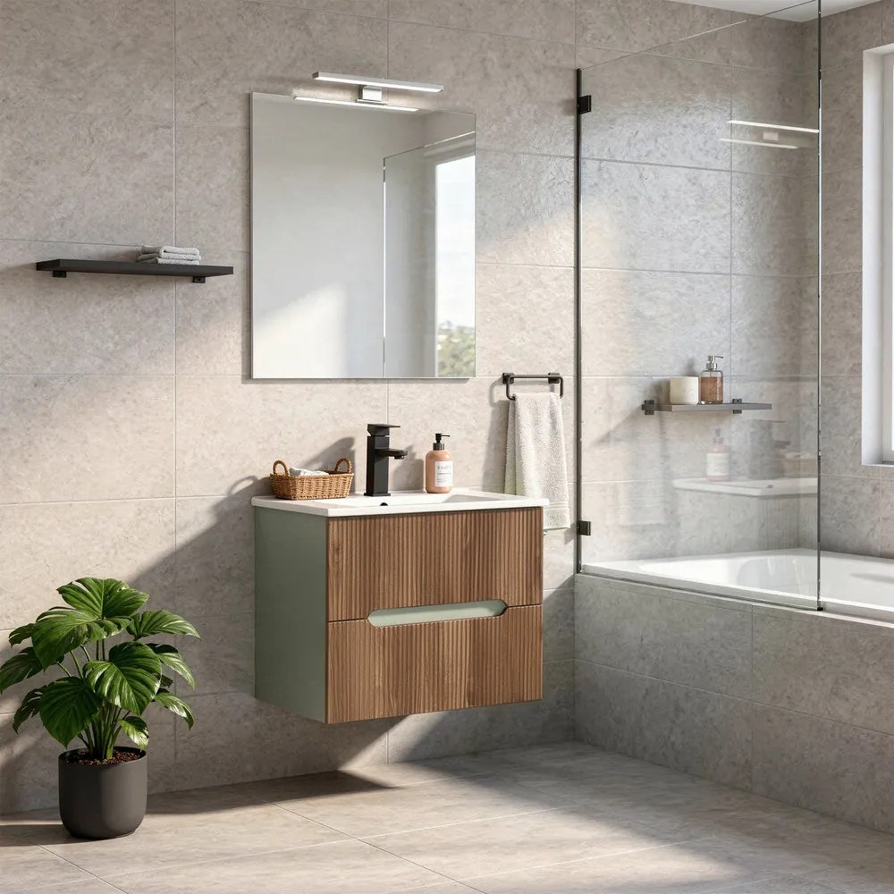 Trent mobilier de baie 60 cm chiuvetă ceramică (2 sertare) cu oglindă 60x80 cm stejar verde măslin-sunset