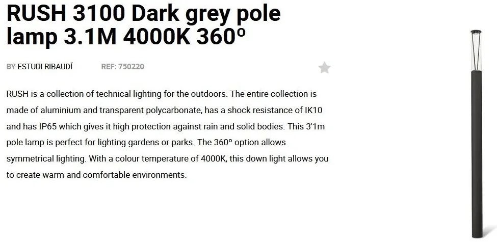 Stalp LED iluminat exterior simetric 360º IP65 RUSH 310cm 4000K