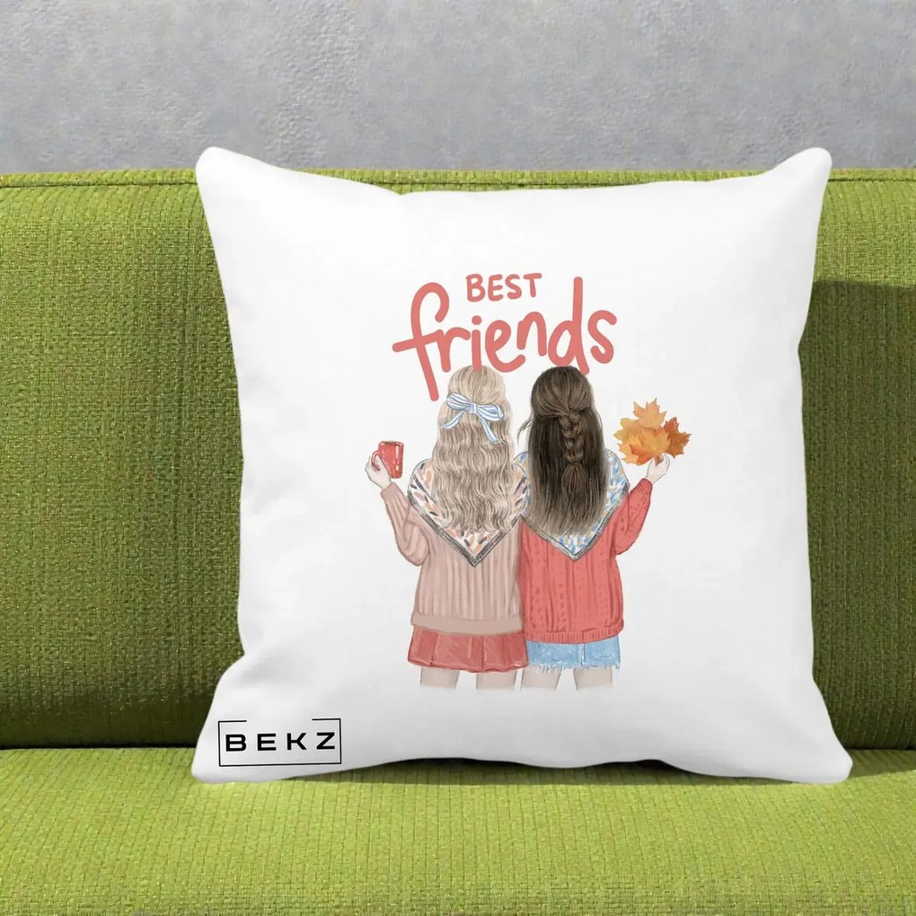 Cadou pentru Prieteni - Perna Personalizata Best Friends Toamna, 40x40 cm, Alba Mata, Husa Detasabila, Perna Inclusa, BEKZ®