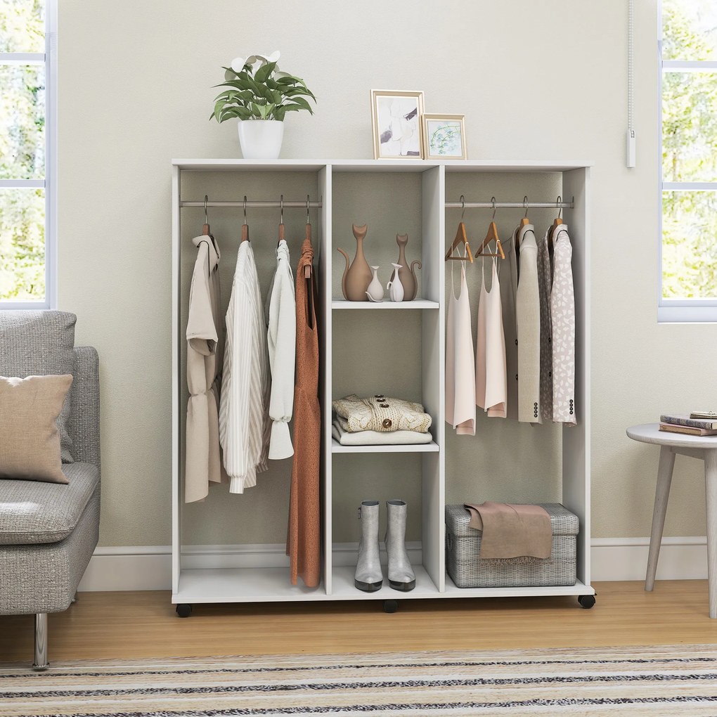 HOMCOM Dulap-penderie mobilier de depozitare mobil 6 roți 120 x 40 x 128 cm din lemn alb | Aosom Romania